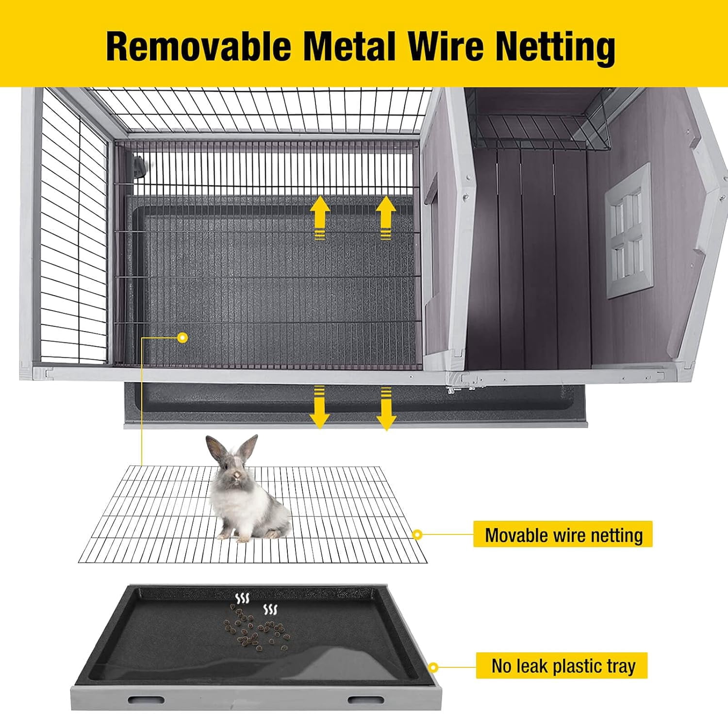 Aivituvin Rabbit Hutch Indoor Bunny Cage Outdoor Bunny House with Wire Floor Leakproof Plastic Tray Gray