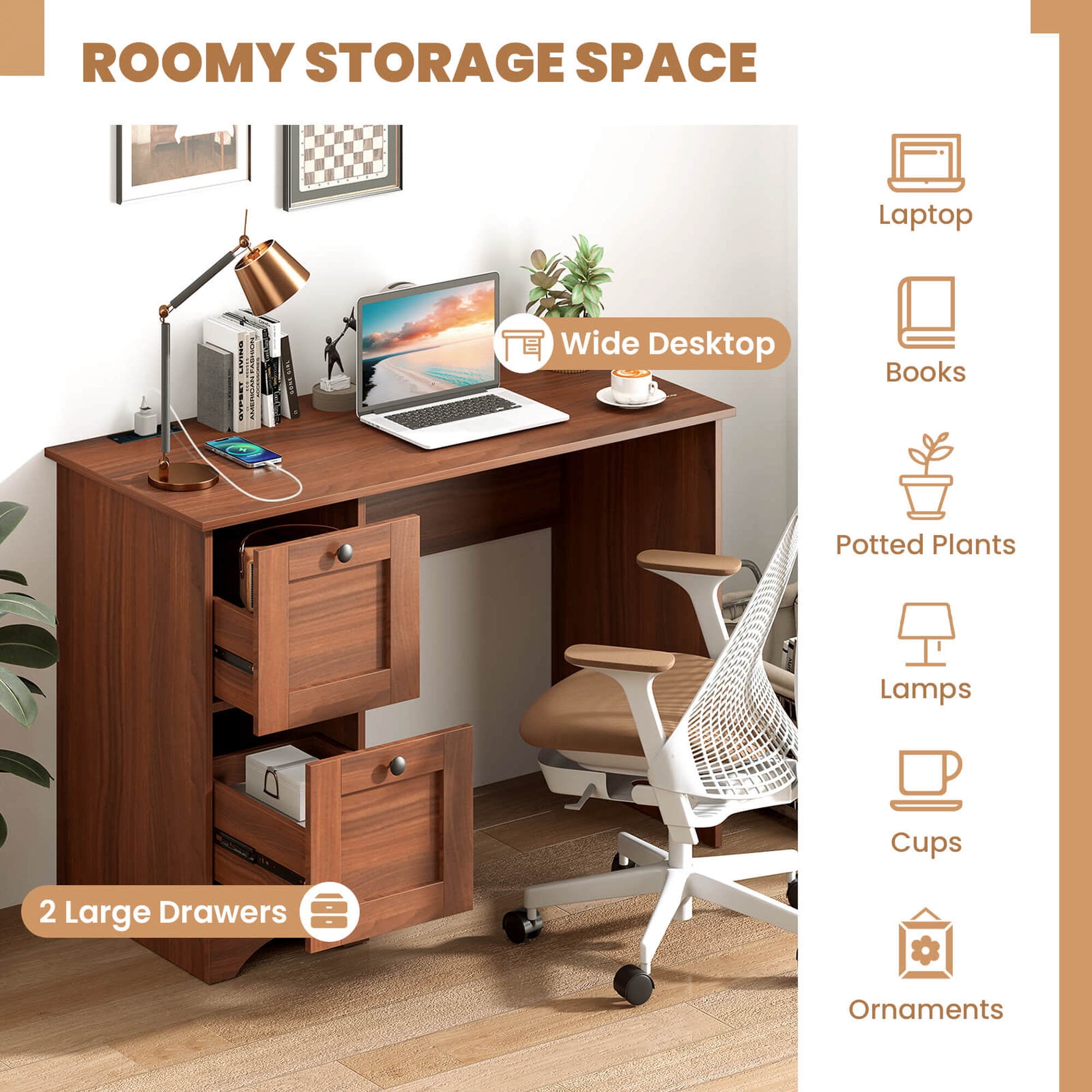 Costway 43" Home Office Desk with Charging Station Compact Study Writing Desk Walnut