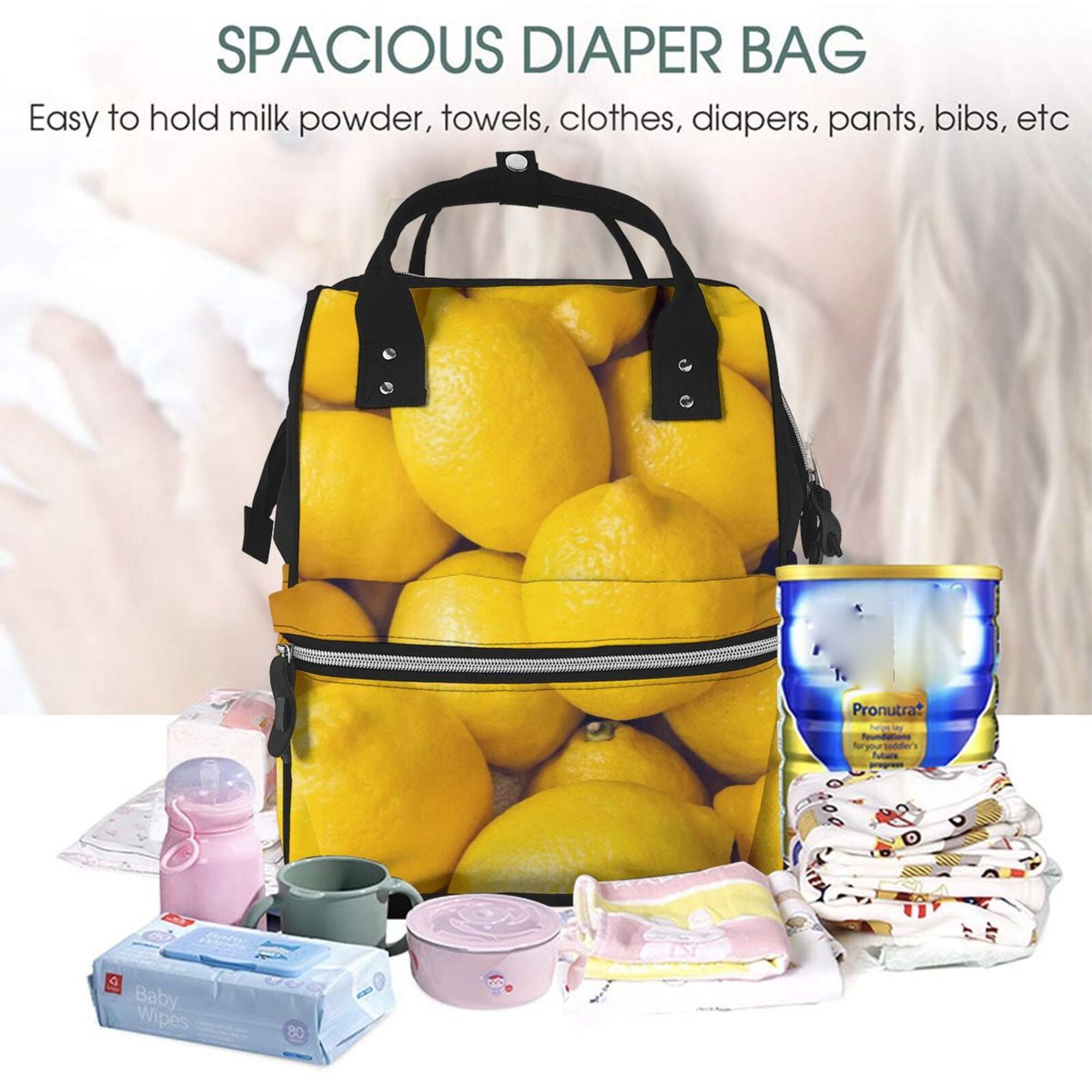 Ratiio Ripe Yellow Lemon Mummy Backpack - Waterproof Twill Canvas, Large Capacity Diaper Bag with Multiple Pockets and Adjustable Straps