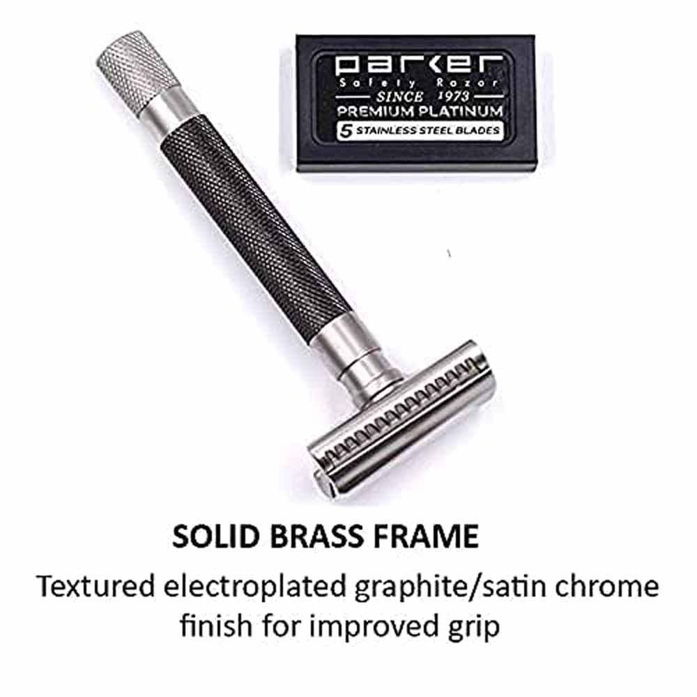Parker's Semi Slant Safety Razor and 5 Parker Premium Double Edge Razor Blades - Graphite
