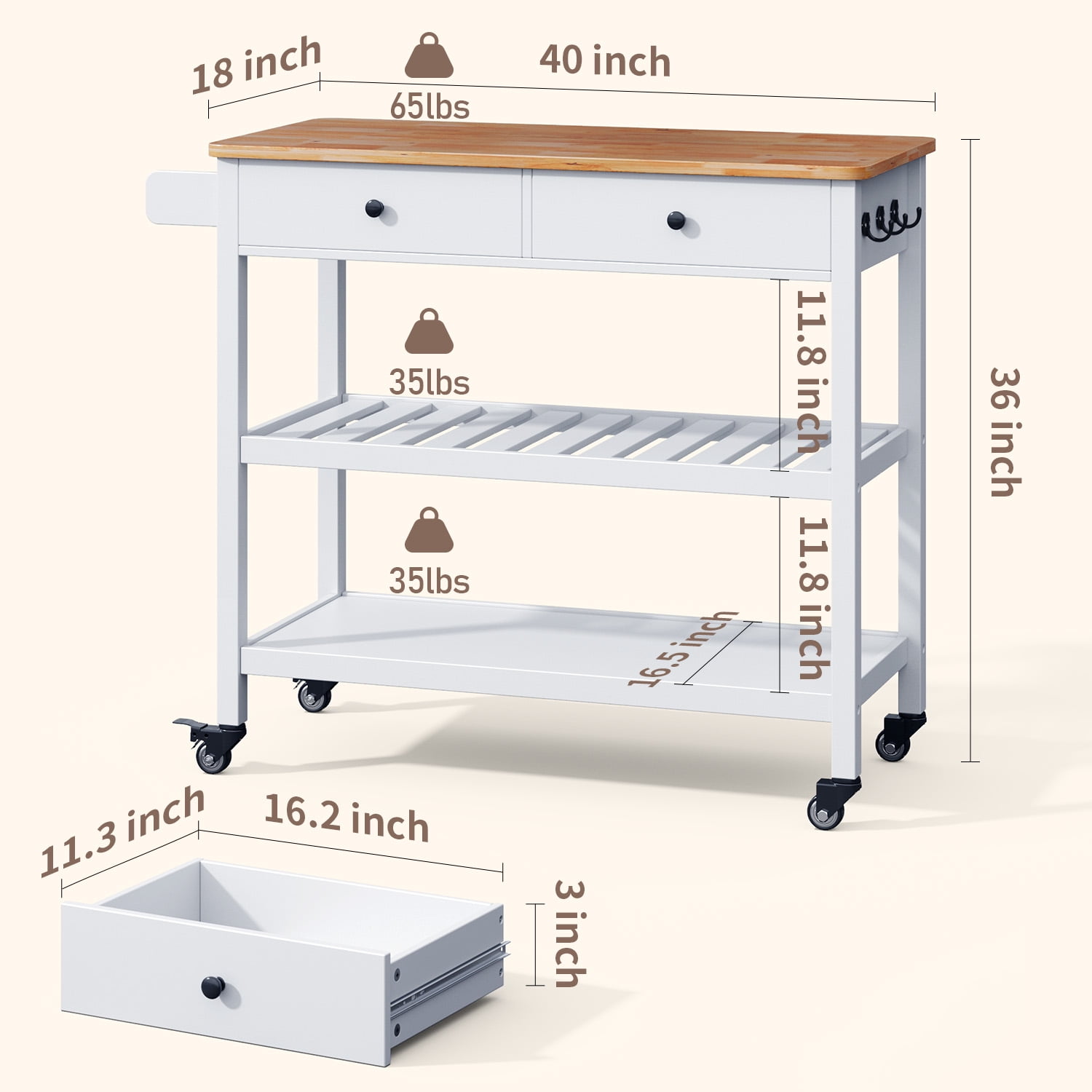 Kitchen Island Cart on Wheels with 2 Open Tiers Storage Shelves, White