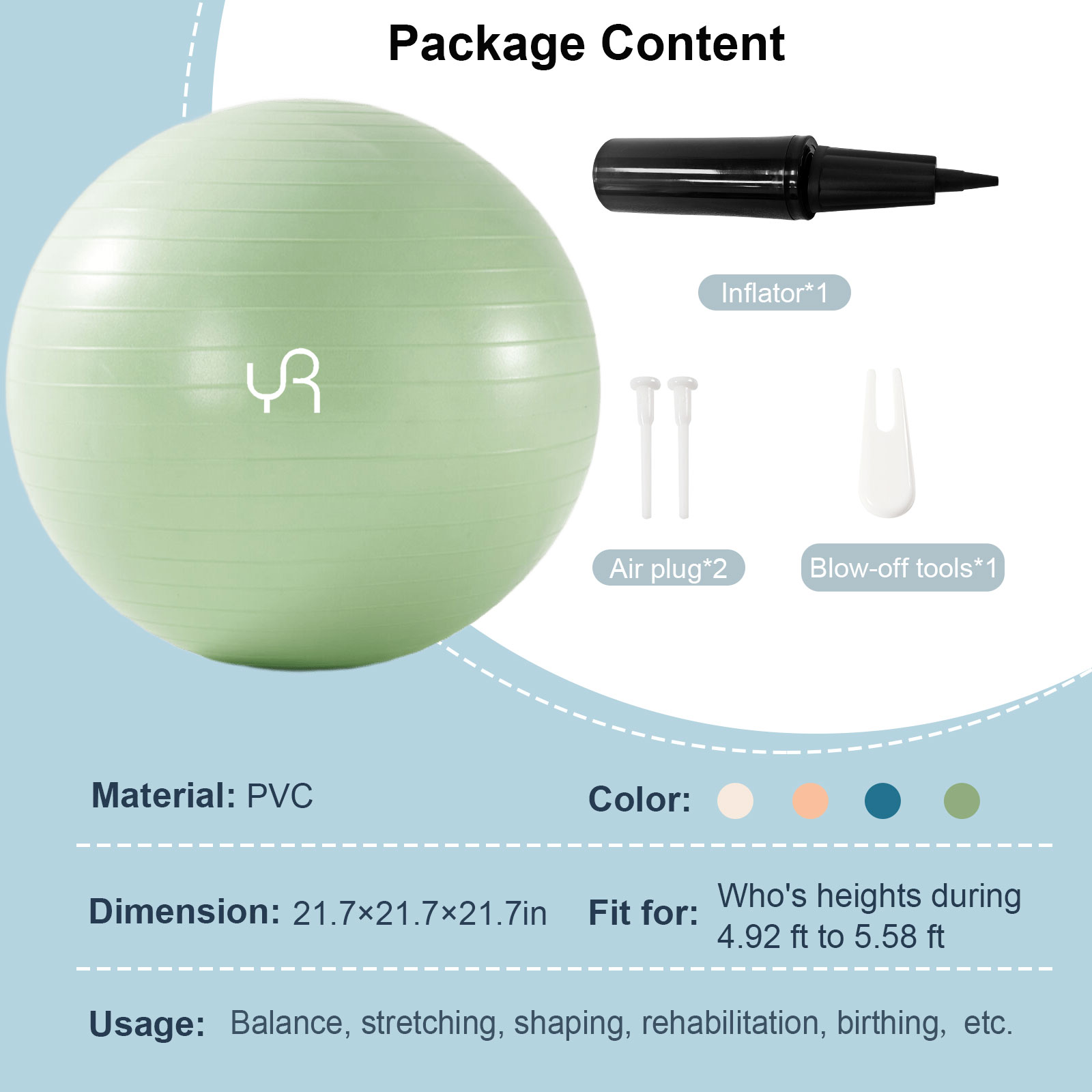 YR 55CM Exercise Ball, Anti-Burst Yoga Ball for Workout Pregnancy Stability, Pilates, Core & Balance Training and Physical Therapy, Green