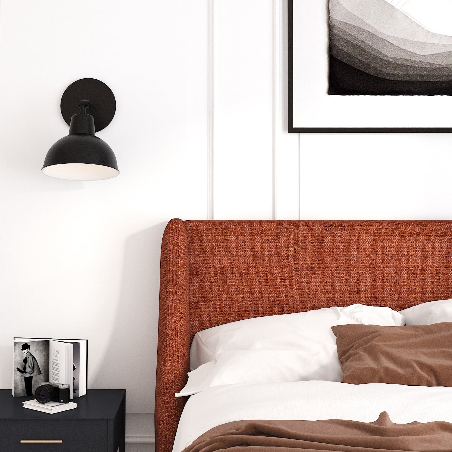Einfach Queen Size Platform Bed Frame with Fabric Upholstered Wingback Headboard, Burnt Orange