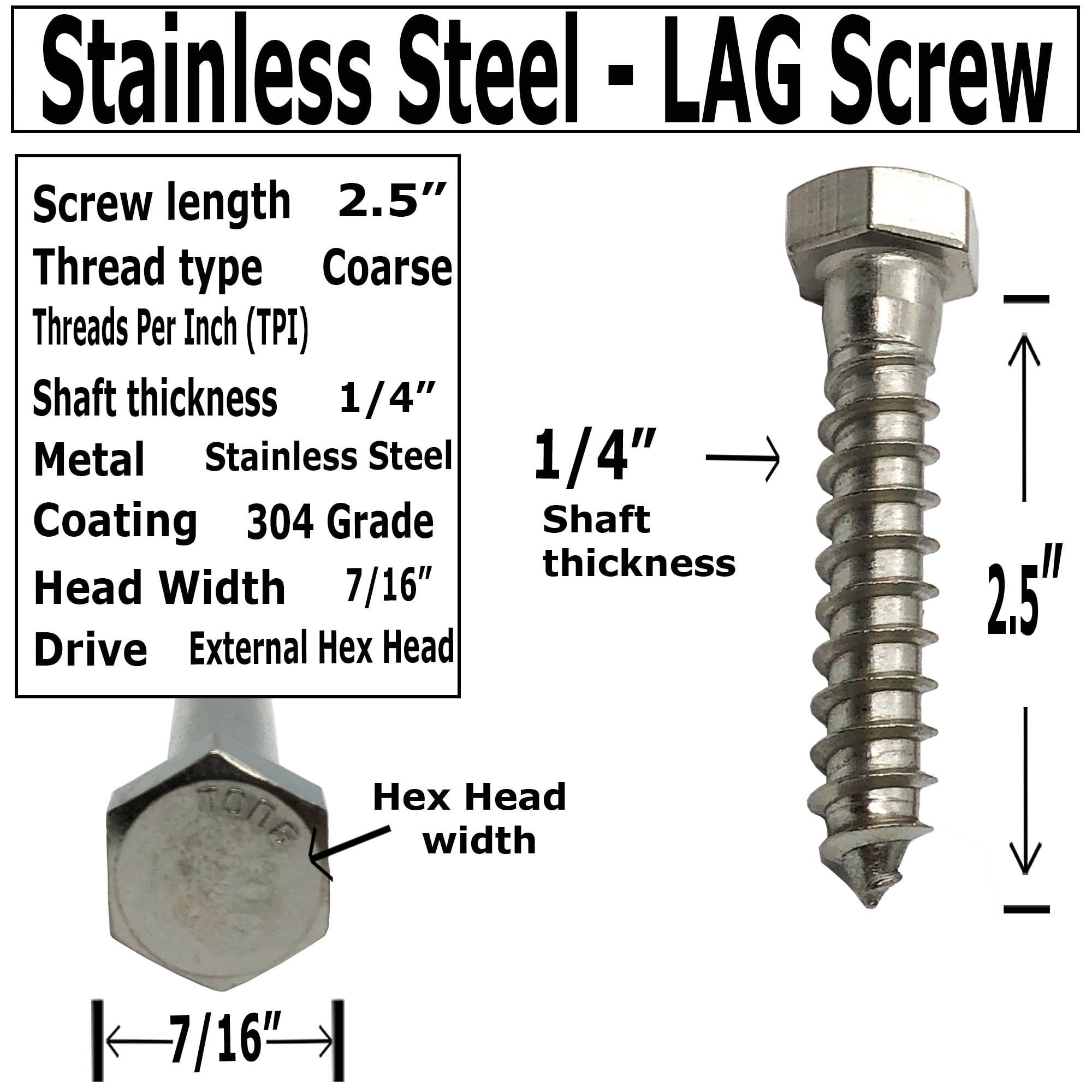 1/4" x 2.5" 304 Grade Stainless Steel lag Screws, Hex Head Fasteners, Stainless Steel Screw. Use as Construction, Wood, Metal, lag Screw or mounting Screws Fasteners Lag Bolts 50