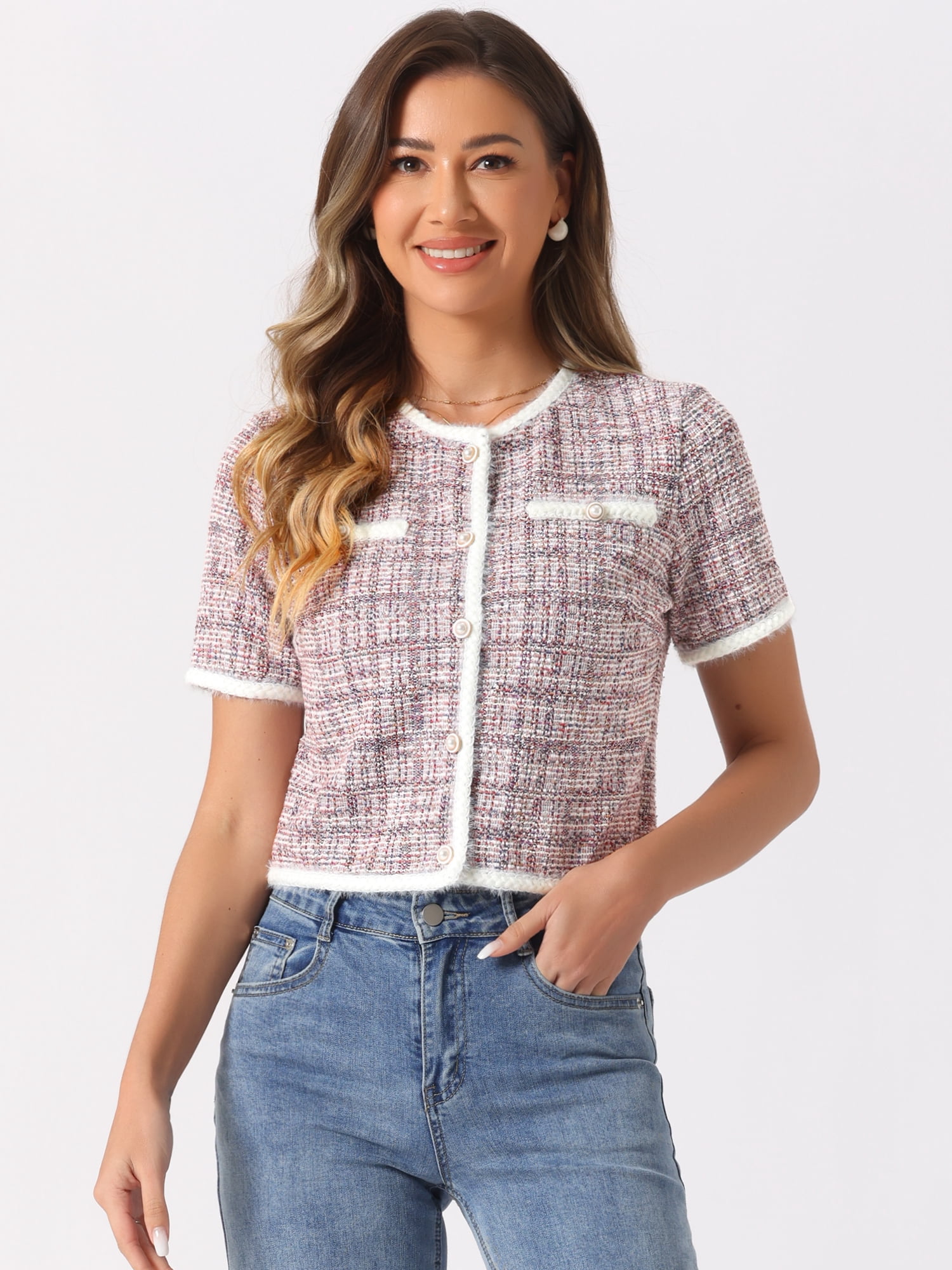 DARING DIVA Women's Short Sleeve Tweed Jacket Crew Neck Button Front Cropped Cardigan XL Pink