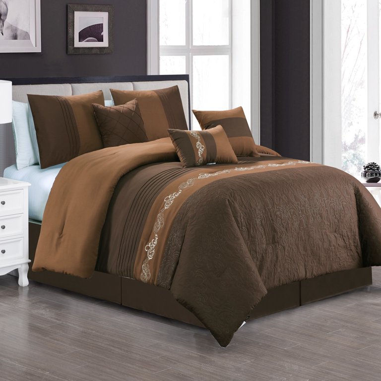 7 Piece Coffee Luxury Bedding Sets - Oversized Bedroom Comforters , Queen