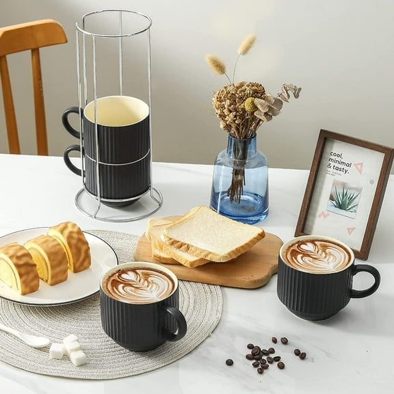 Ceramic Coffee Mug Set of 4 with Stand - 15 oz Stackable Porcelain Ribbed Latte Cups for Cappuccino, Tea, Hot Cocoa, Dishwasher & Microwave Safe