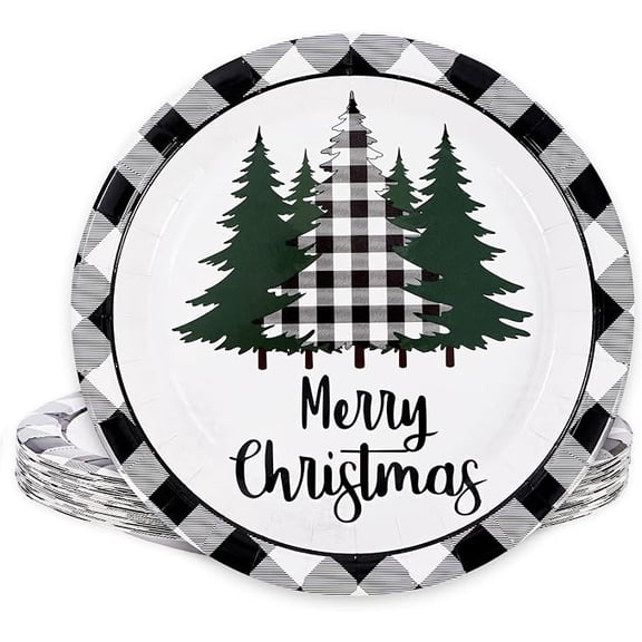 24 Piece Buffalo Plaid Christmas Tree Dessert Plates 9 Inches