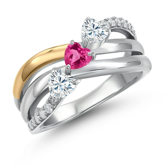 Gem Stone King 925 Silver and 10K Yellow Gold White Moissanite and Pink Created Sapphire and Lab Grown Diamond Engagement Ring for Women | 1.05 Cttw | Heart Shape Gemstone Birthstone | Size 6