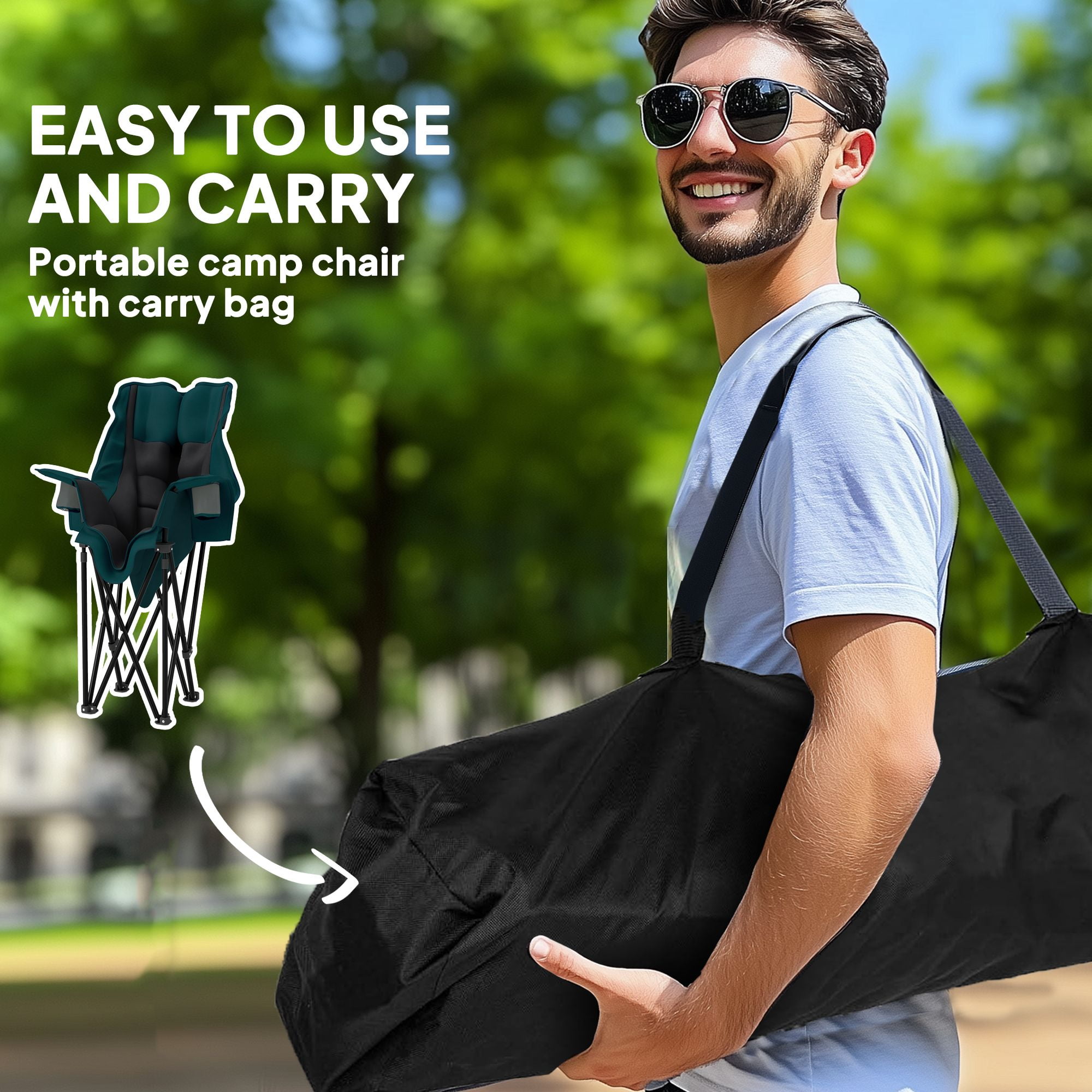 Padded Folding Camping Chair with Carry Bag, High Density Cushioned Lawn Chair 600D Oxford Fabric Metal Frame with 2 Cup Holders Side Pockets Supports 265lbs for Fishing Outdoor Dark Green Black