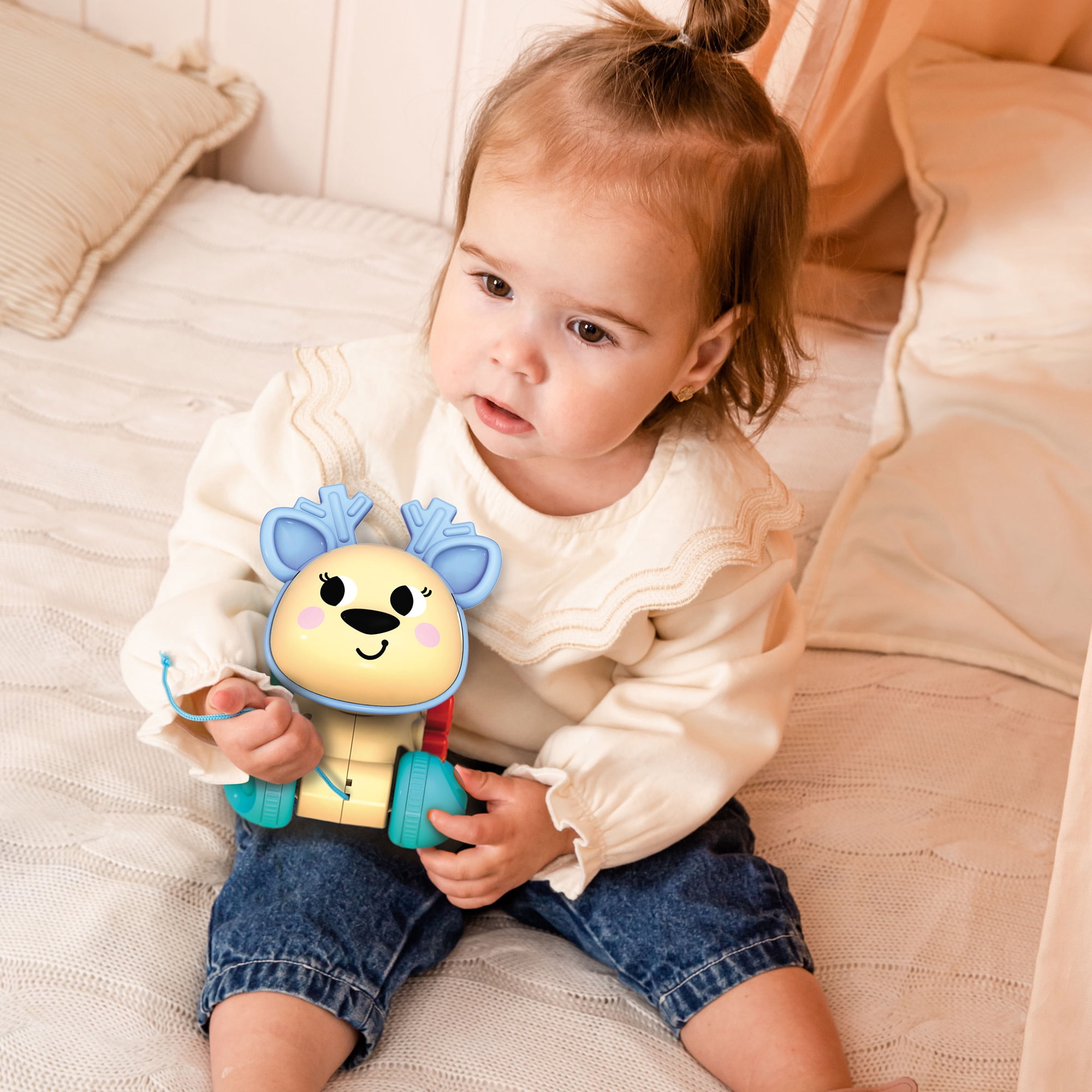 Kids Hits: Push & Pull Deer -Tan - Tactile Motion Play Toy, Easy-To-Roll Inertia Wheels, Bright Colors, Rotating Animal Head, Rachet, Toddlers 1+