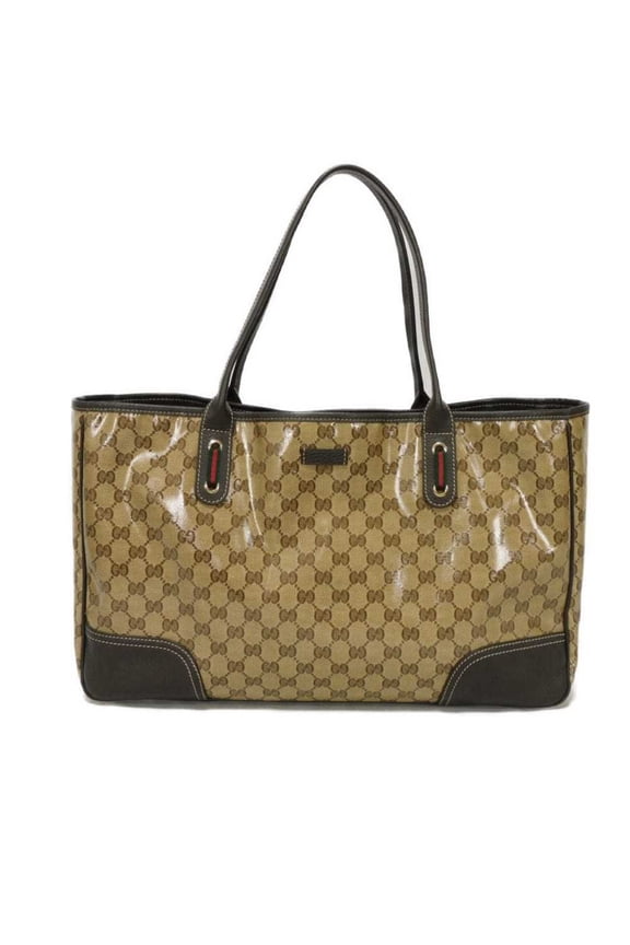 Pre-Owned Gucci GG Crystal Tote Bag, Embossed Brown with Web Stripe, Sherry Beige, 293589,...