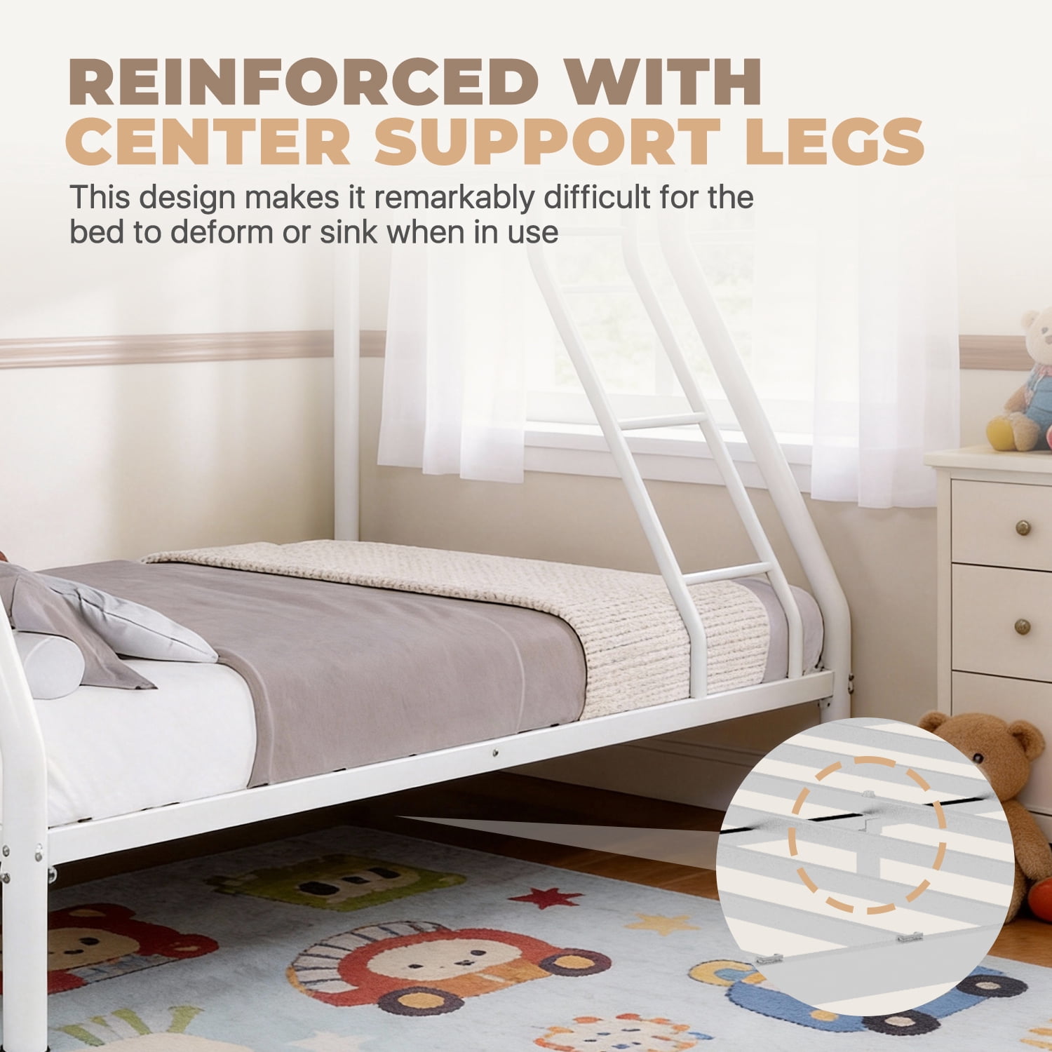 BaPiPro Metal Bunk Bed Twin Over Full Size with Removable Stairs, Heavy Duty Metal Frame for Teens & Adults, No Box Spring Needed, White