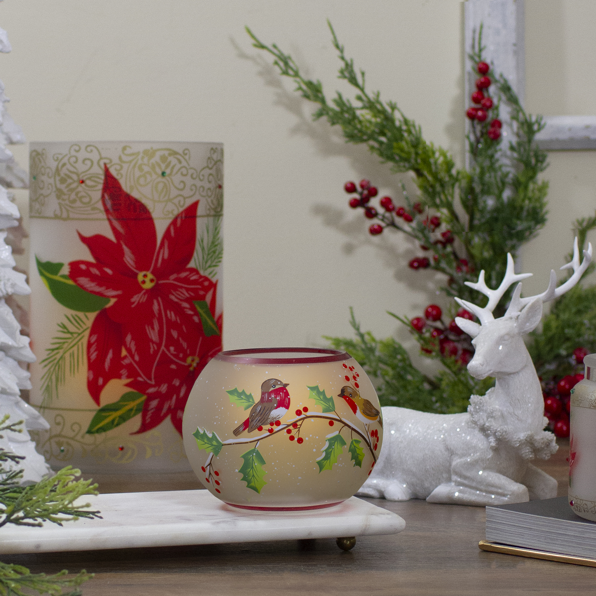 Northlight 5-Inch Hand Painted Finches and Pine Flameless Glass Candle Holder - 5"