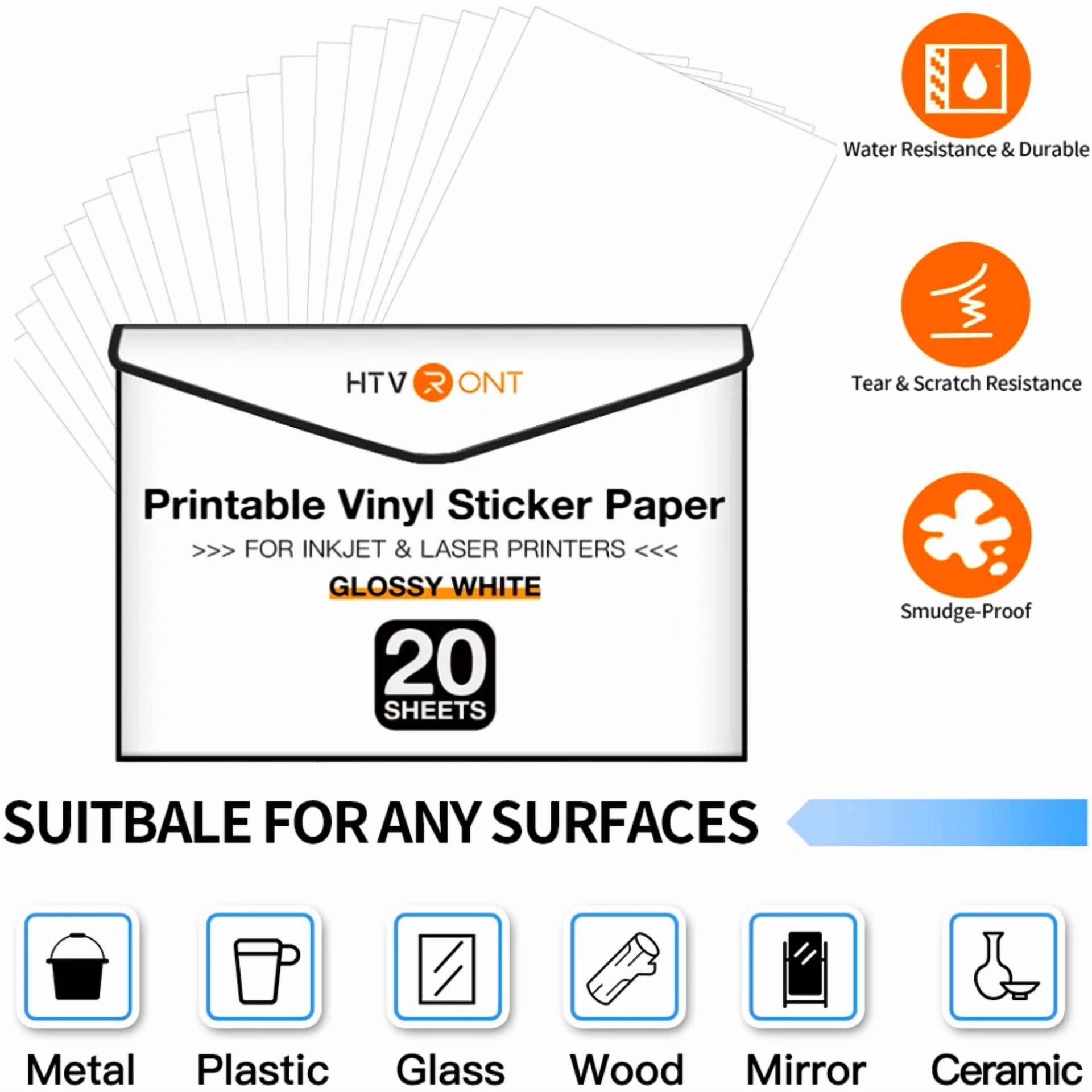 CRESTIN- 20 Sheets Glossy White Printable Vinyl Sticker Paper For Inkjet Printer 8.5X11"