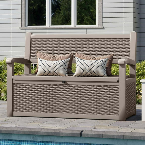 Dextrus 70 Gallon Lockable Storage Bench, Waterproof Outdoor Patio Deck Box for Supplies, Light Brown