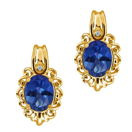 3.22 Ct Oval Royal Blue Mystic Topaz and Diamond 14k Yellow Gold Earrings