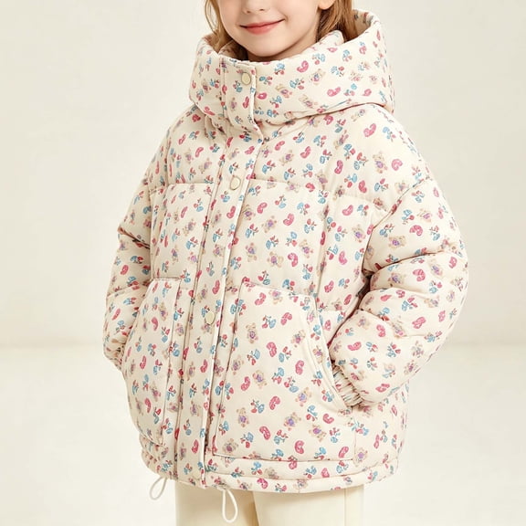 Amidoa Girls Hooded Puffer Jacket Kid Waterproof Coat Lightweight Fleece Lined Windbreaker Warm Winter Coat with Pockets Gray Size 2-3Years