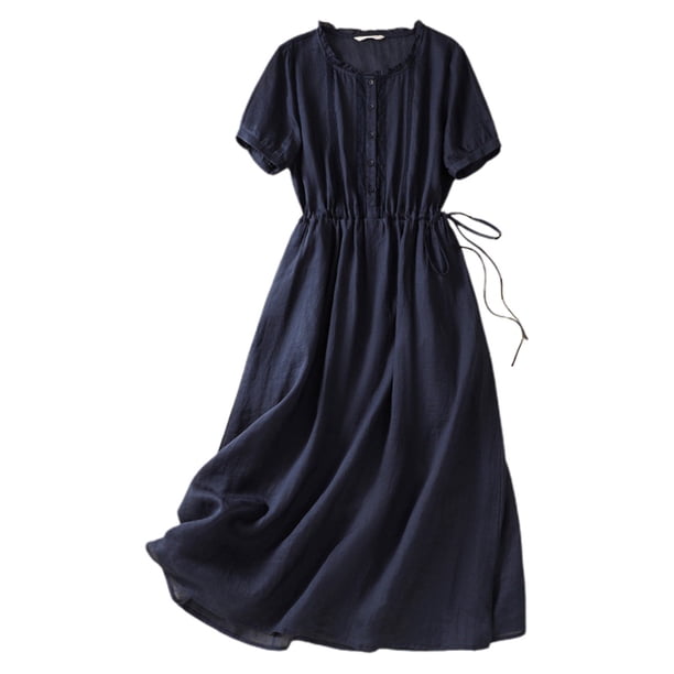 Vestido de algodón liso de largo medio para mujer - Ropa informal para ir al trabajo con poliéster ligero para primavera/verano
