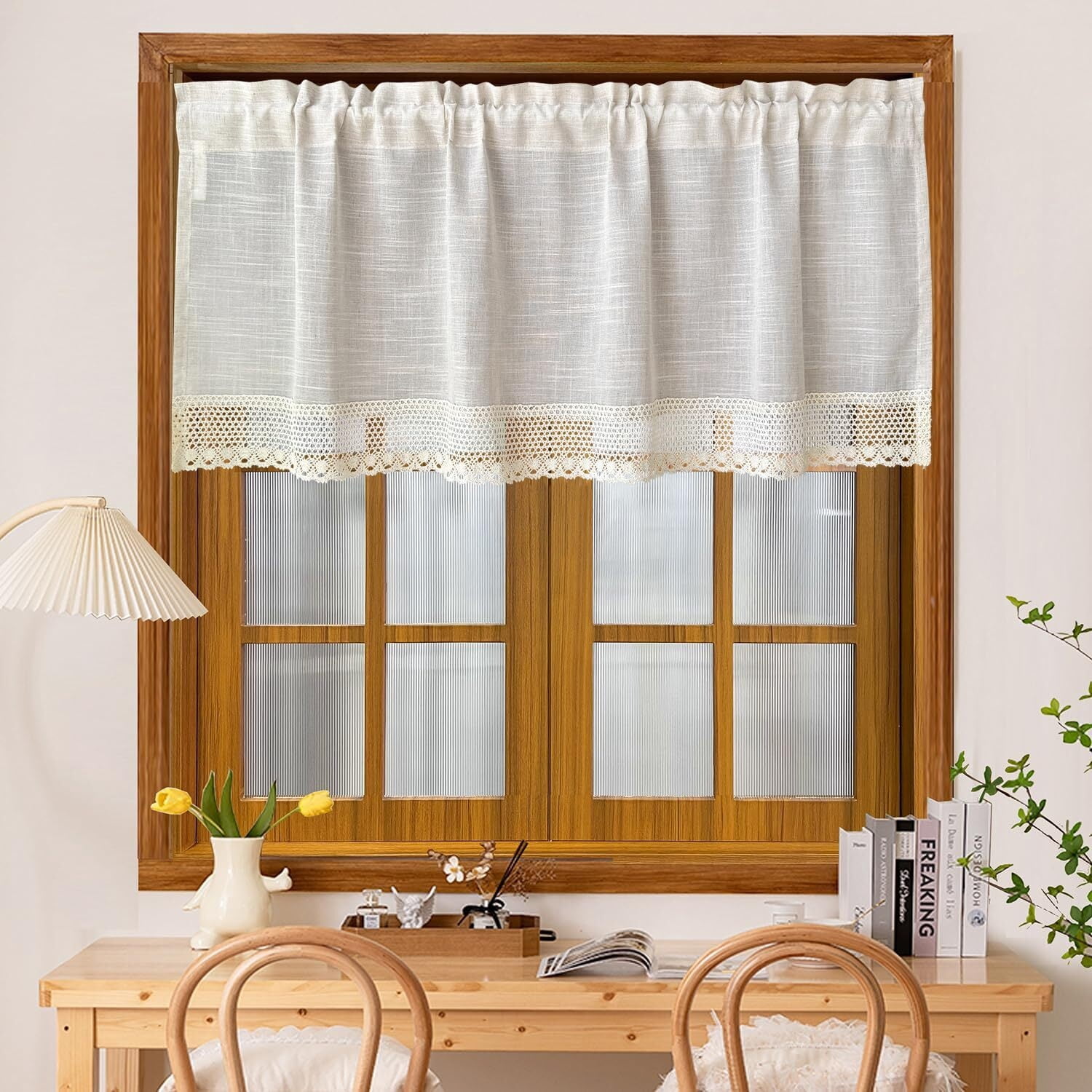 Rustic Linen Curtain Valance for Kitchen 20 Inches Long Lace Curtains for Small Window Farmhouse Short Curtains for Coffee Decor Rod Pocket Beige Curtain Tiers for Bathroom