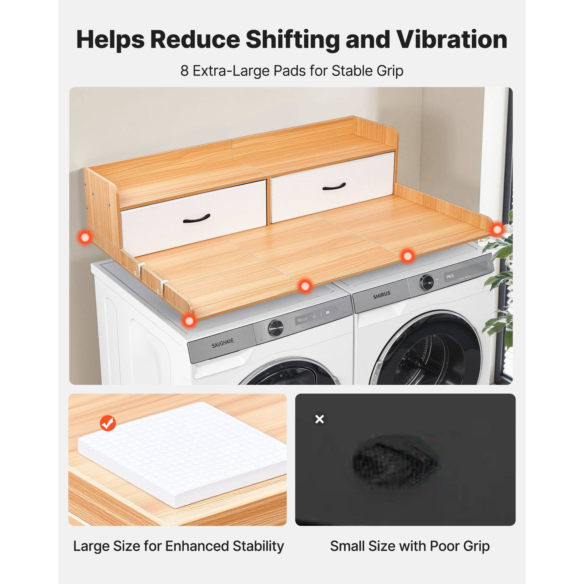 Wooden Washer Dryer Countertop 54x27.5" w/ Shelf, 2 Drawers & 2 Hooks, Laundry Topper for Storage & Organization, light brown