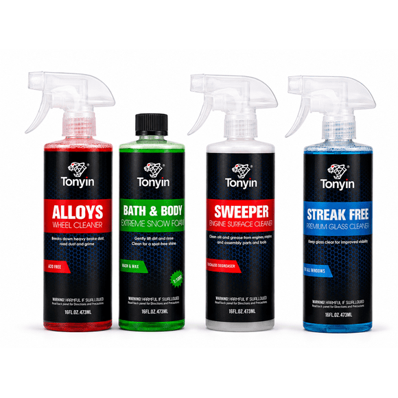 Tonyin Kit Premium 06 de Lavado Automotriz | Shampoo con Espuma, Wheel Cleaner, Engine Cleaner y Glass Cleaner | Limpieza Integral de Carrocería, Rines, Motor y Cristales