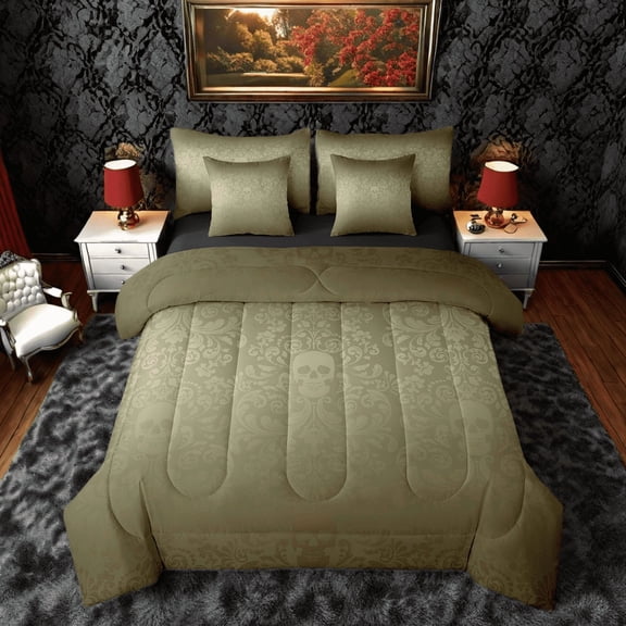 Damask Gothic Bedding Set Adults Antique Victorian Bed in a Bag King Size Comforter Set 7 Pieces,Green Sugar Skull Sheet Set Vintage Floral Goth Bed Set,Exotic Bone Skeleton Bohemian Baroque Decor