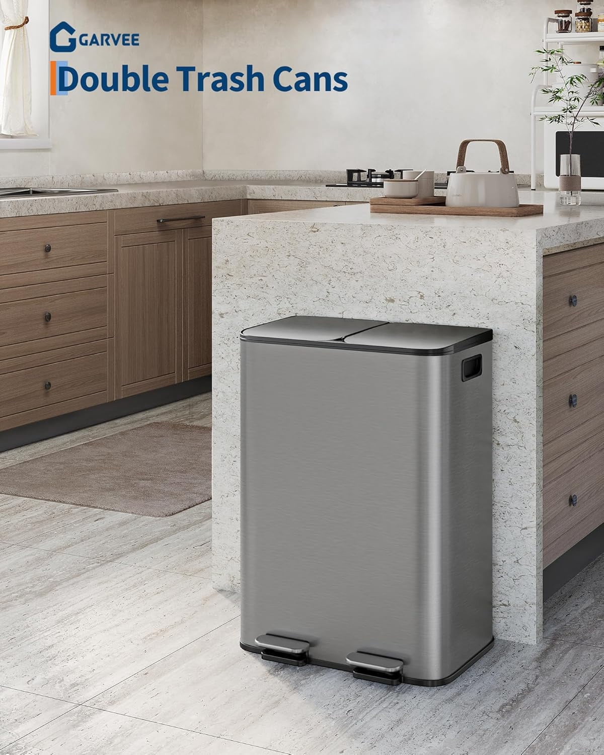 Lumiparty 16 Gallon Stainless Steel Dual Trash Can with Lid, Step-on Recycling Garbage Cans with Inner Buckets, for Kitchen, Bathroom, Gray