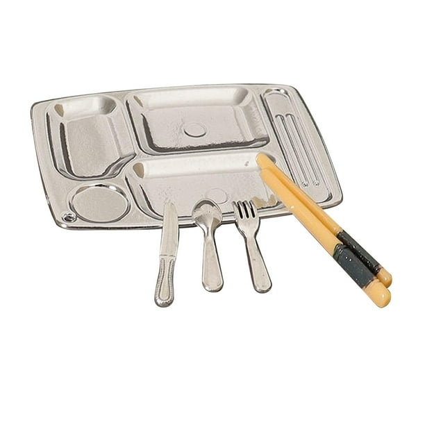 Accesorios para casa de muñecas, plato de almuerzo para muñecas 1:12 con tenedor y cuchillo, accesorios de escena, bandeja de cena dividida 1/12,