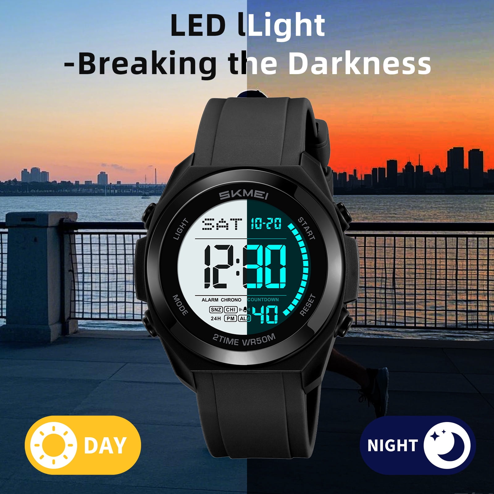 SKMEI Mens Digital Watch, Sport Military Watches for Men Waterproof LED Screen Large Face Tactical Watch with Dual Time Alarm Stopwatch Wrist Watch