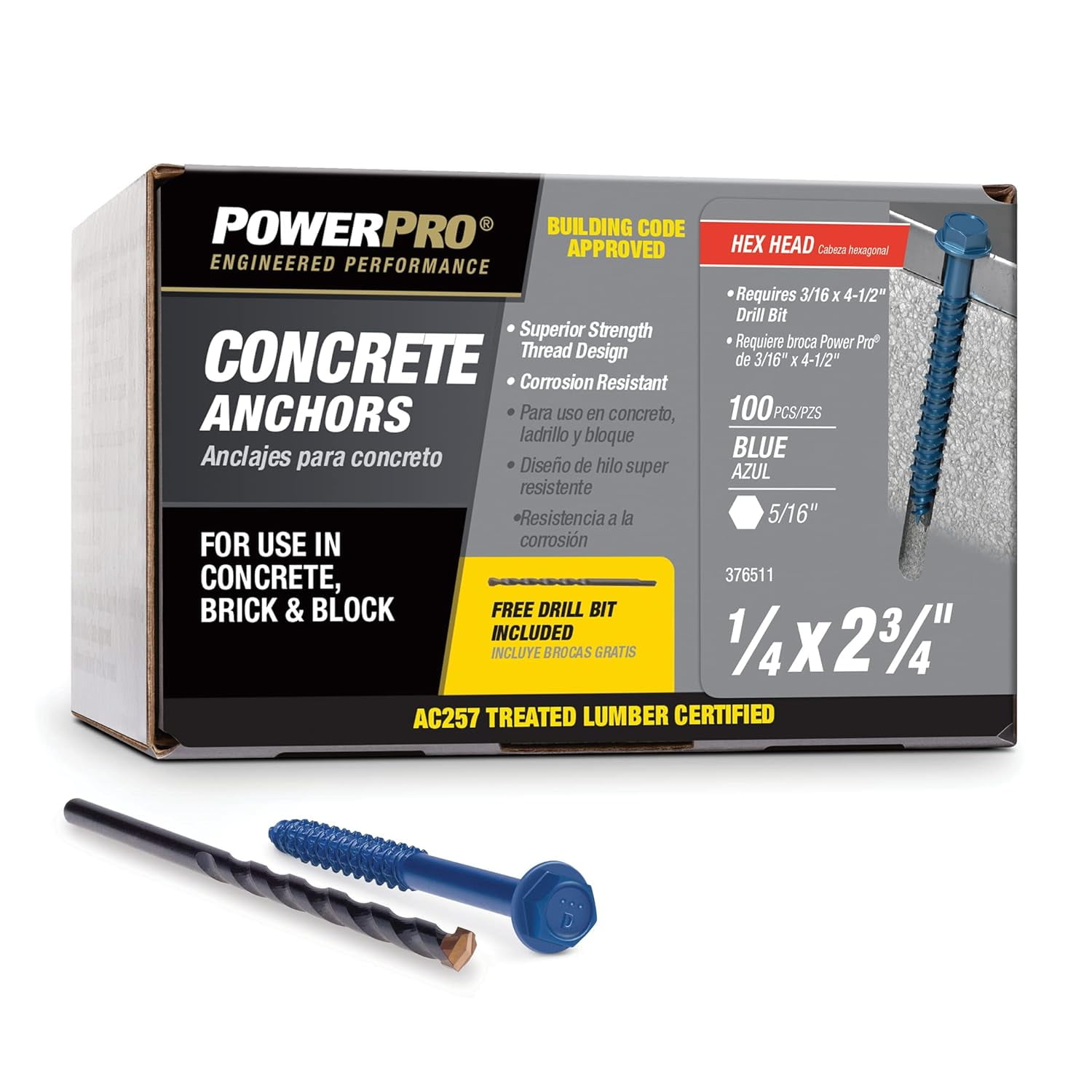 Hillman Fasteners 376511 0.25 x 2.75 in. Power Pro Blue Hex Washer-Head Concrete Screw Anchors - Blue