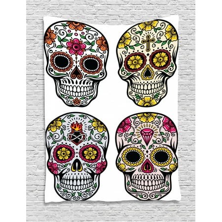 Day Of The Dead Tapestry Dia De Los Muertos Festive Celebration Skull Artwork Image Wall Hanging For Bedroom Living Room Dorm Decor Yellow Pink