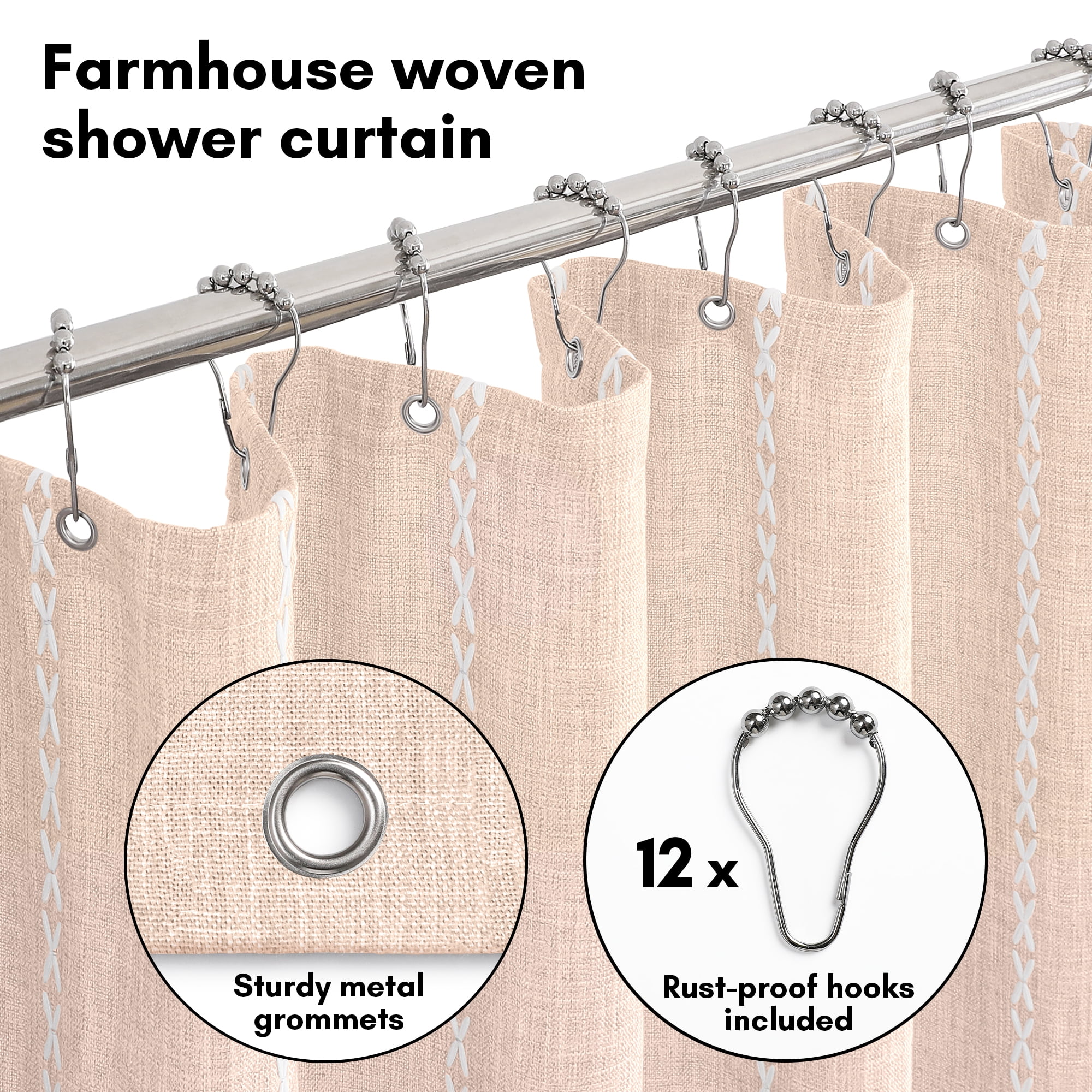 Americanflat 71x71 Woven Linen Pink Shower Curtain with Tassel Accents - Includes 12 Grommets and Hooks - 100% Polyester