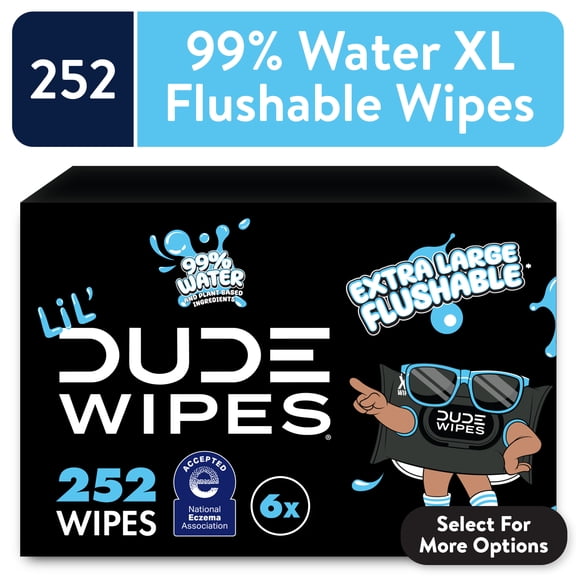 LiL' DUDE Flushable Wipes, Extra Large Fragrance Free Wet Wipes, 252 Count, 6 Pack