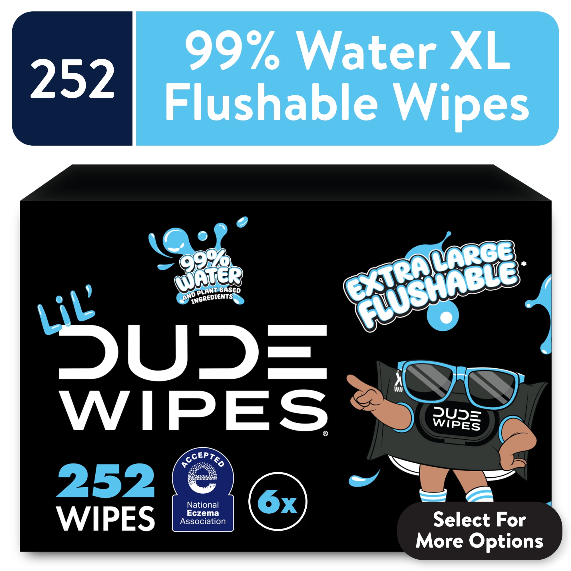 LiL' DUDE Flushable Wipes, Extra Large Fragrance Free Wet Wipes, 252 Count, 6 Pack