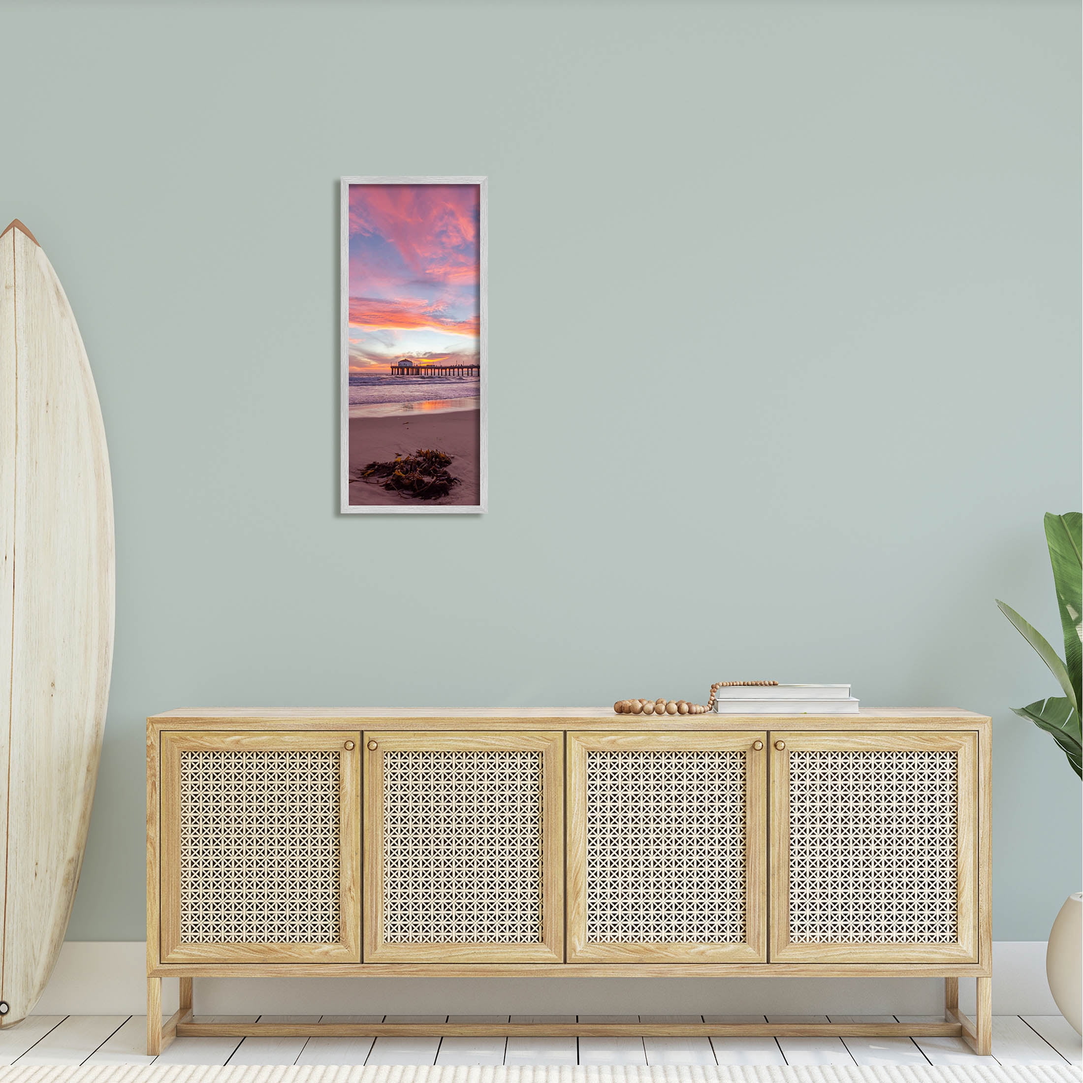 Waterfront Dock Sunset Reflection Coastal Photograph Gray Framed Art Print Wall Art