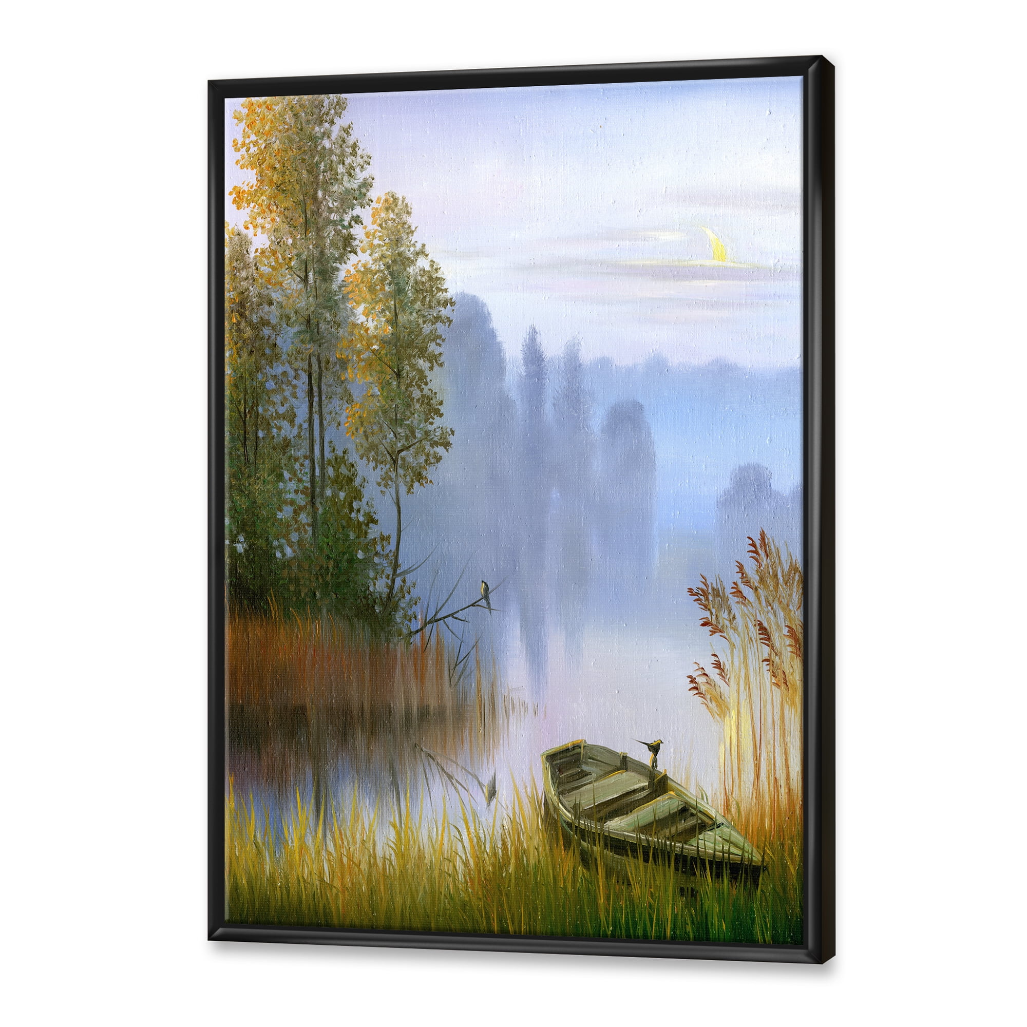 The Bank Of The Lake With The Boat 12 in x 20 in Framed Painting Canvas Art Print, by Designart