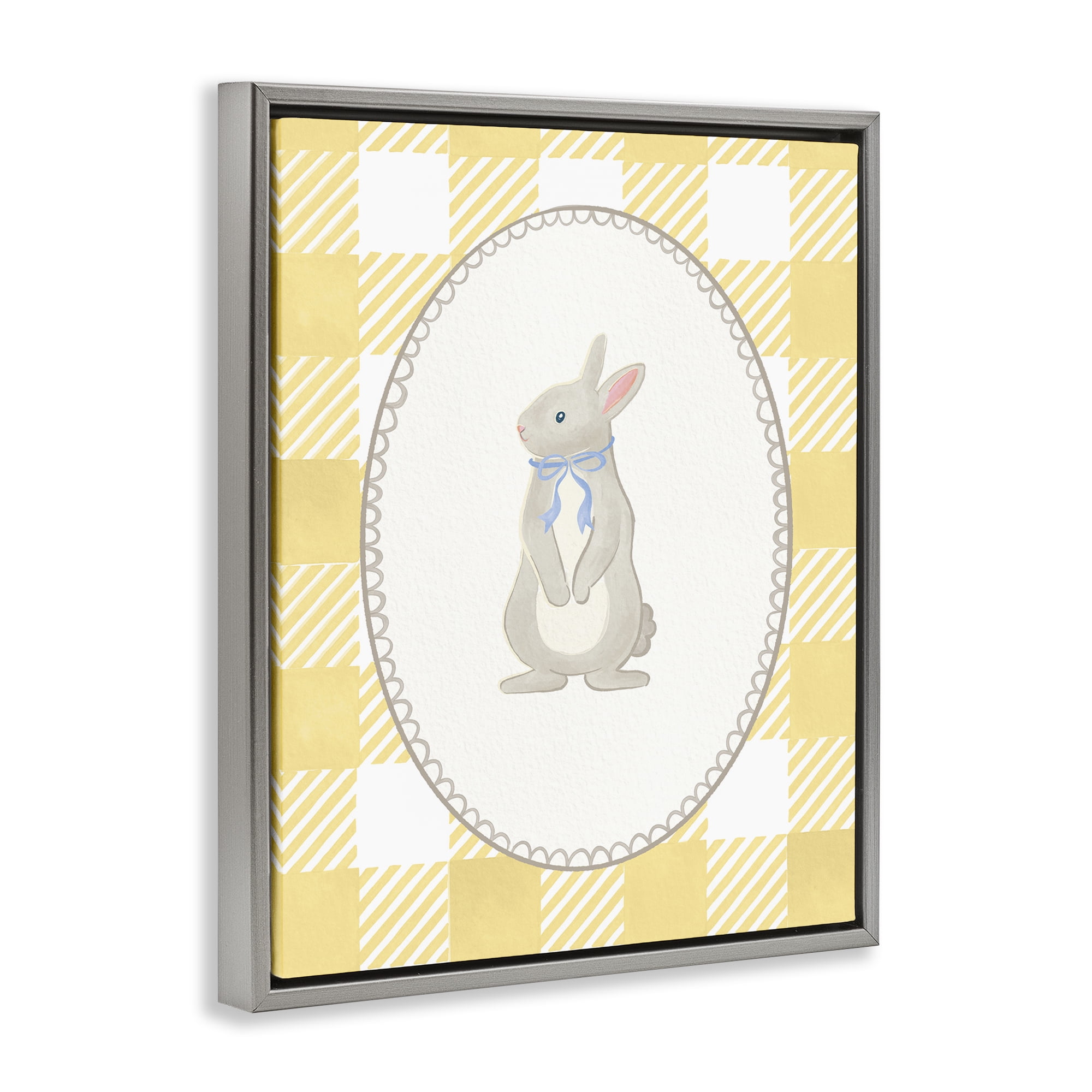 Stupell Industries Little Bunny on Yellow Gingham Gray Framed Floater Canvas Wall Art, design by The Paper Curator