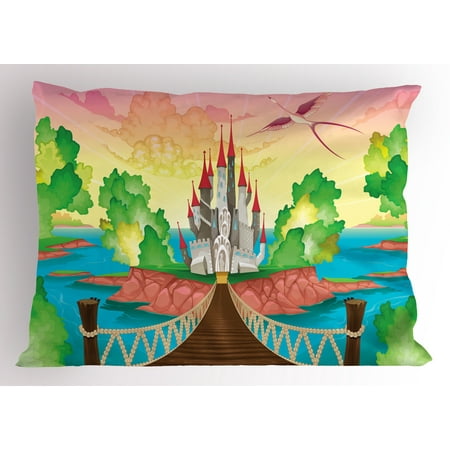 Wooden Fairy Castle - Children Pillow Sham Princess Castle above Wooden Bridge and Phoenix Bird Fairy Dream World Girls Image, Decorative Standard Size Printed Pillowcase, 26 X 20 Inches, Multicolor, by Ambesonne