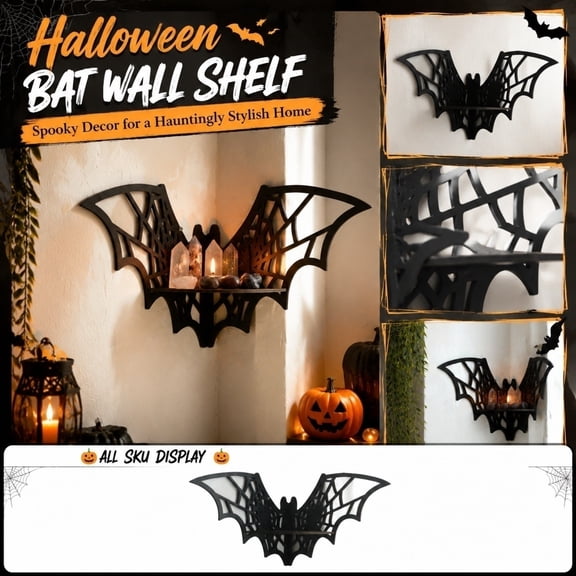 Halloween Wooden Hollow Bats Wall Shelf, Gothic Fence Storage Rack, Mounted Display, Suitable for Walls Entries, Kitchen, Home Decor