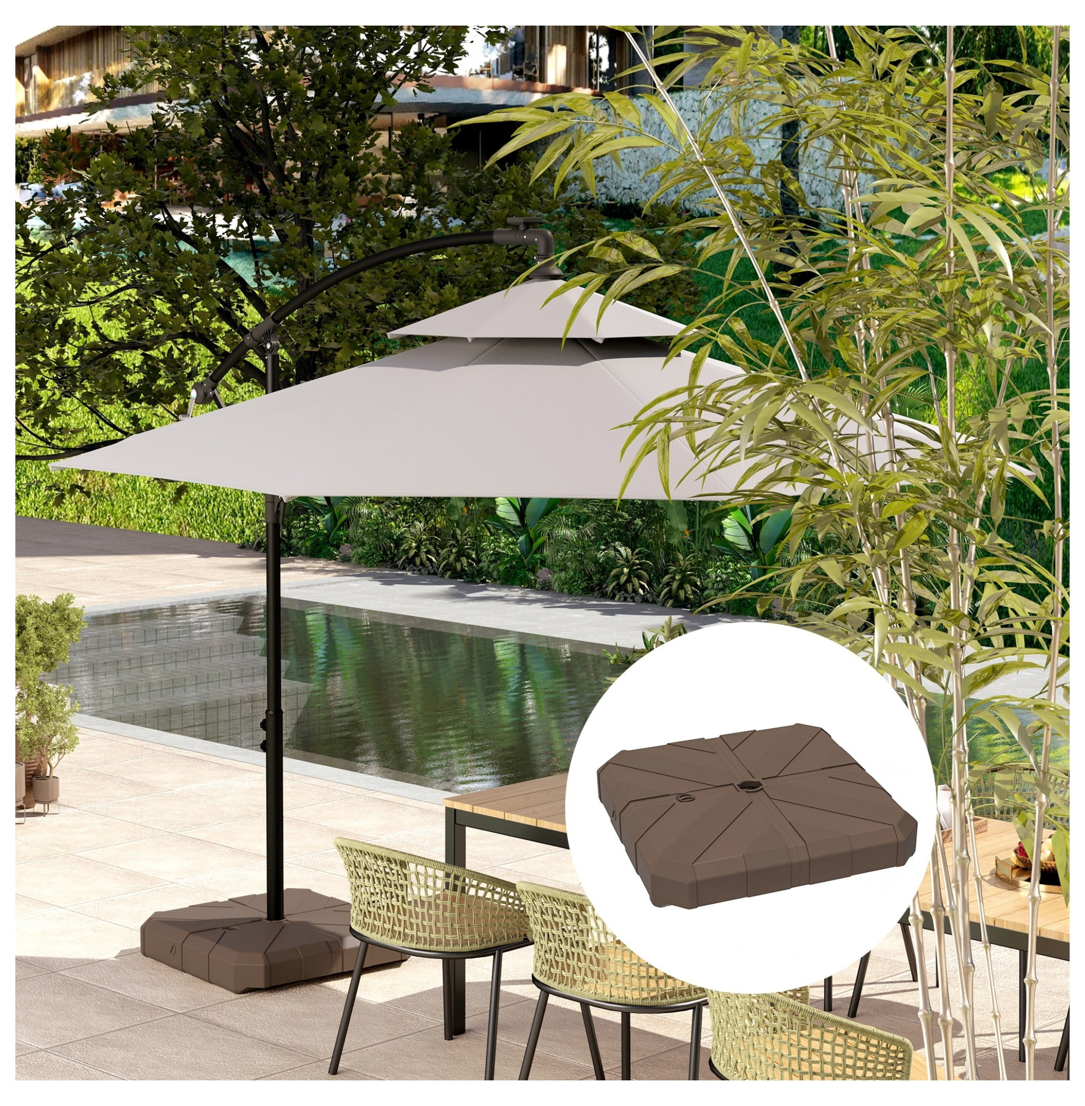Square Patio Umbrella Base, Cantilever Offset Umbrella Base Heavy Duty Outdoor Umbrella Stand Base, Filled Up to 143lbs with Stand or 130lbs with Water for Garden Poolside, Brown