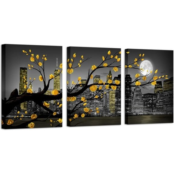 New York City Wall Art Yellow Grey Flower Painting Floral Picture Black White Cityscape Canvas Prints Framed Artwork Living Room Bedroom Decoration 12"x16"x3 Pieces