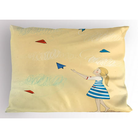 Nursery Airplane Pillow Sham Little Girl Launches Paper Planes to Air Childhood Dreams of Flying Theme, Decorative Standard Size Printed Pillowcase, 26 X 20 Inches, Multicolor, by