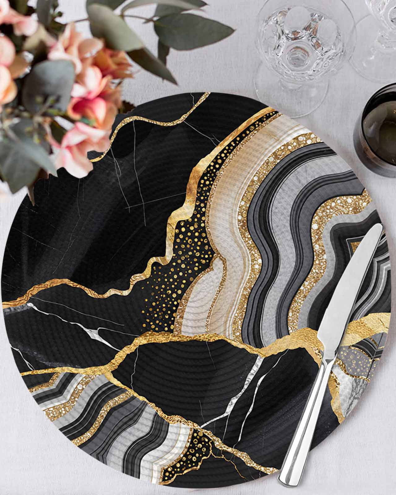 Round Placemats Set of 4 Black Marble Texture Place Mats Washable Woven Placemat Abstract Gold Fluid Circle Braided Table Mat for Kitchen Dining Table Party Home Decor 15 Inch