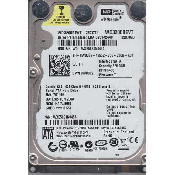 WD3200BEVT-75ZCT1, DCM HACVJHBB, Western Digital 320GB SATA 2.5 Hard Drive