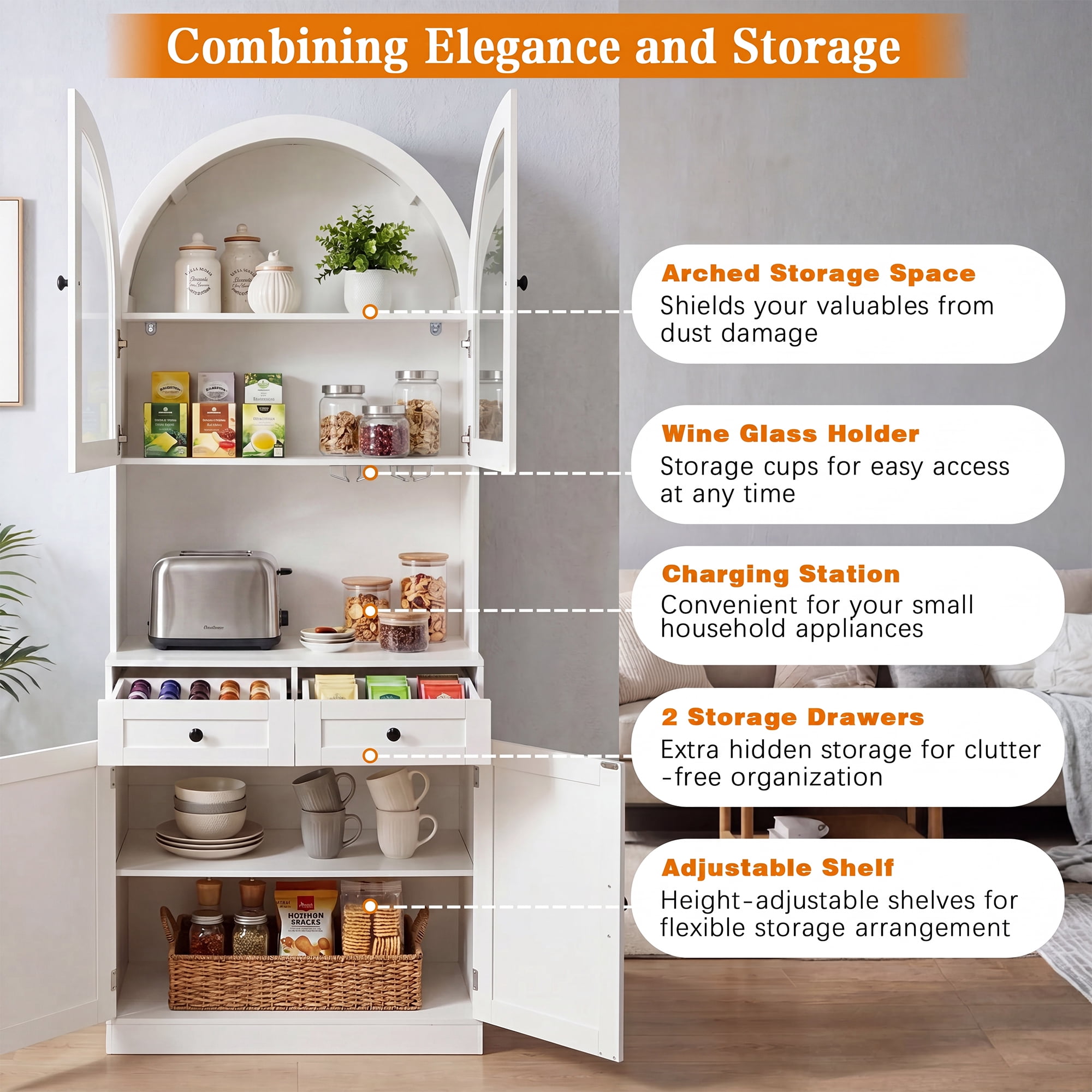 Howcool 75" Tall Farmhouse Arched Kitchen Pantry Cabinet with Built-In Charging Station,Storage Cabinet with Adjustable Shelves & Open Countertop for Kitchen,Dining Room,White