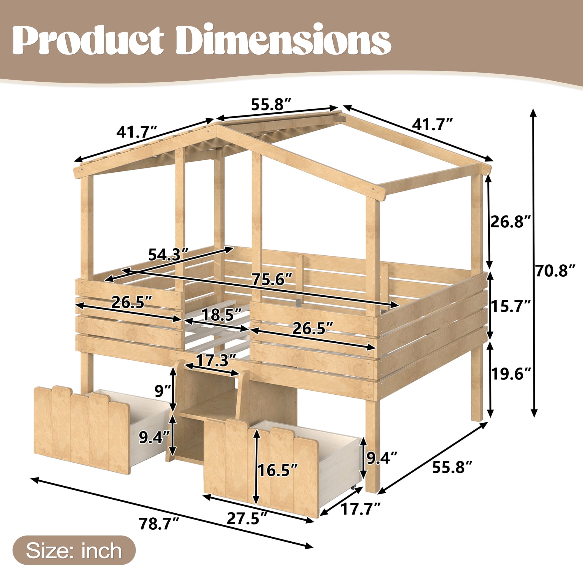 HOQBN House Loft Bed Full Size,Low Loft Bed with Stairs and 2 Big Storage Drawers,Farmhouse Style Bed Frame with House Shaped Roof,Natural