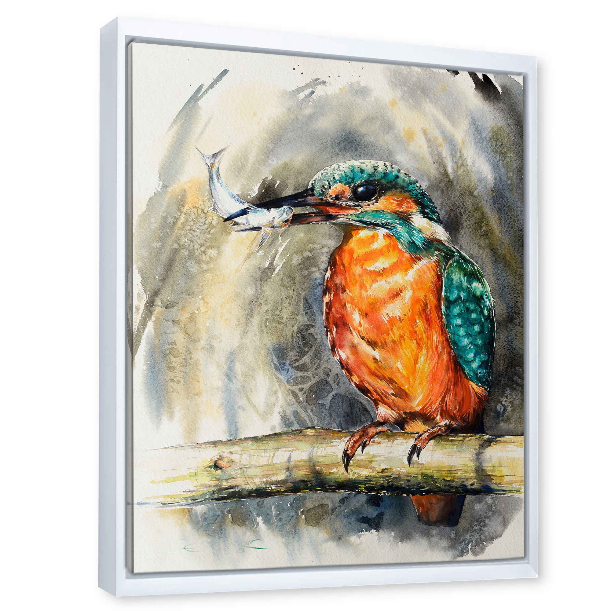 Designart 'Common Kingfisher On Branch Eating A Small Fish' Traditional Framed Canvas Wall Art Print