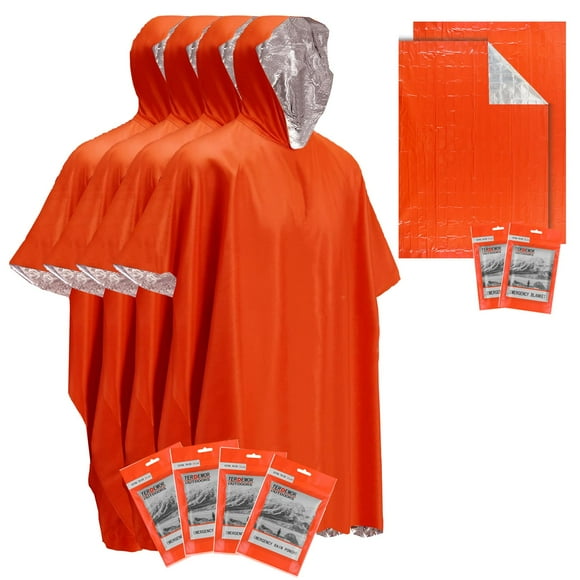 Terdemor Emergency Poncho (4 Pack), Emergency Blanket (2 Pack) with Mylar Blanket Liner, Much Larger and Thicker Survival Blanket