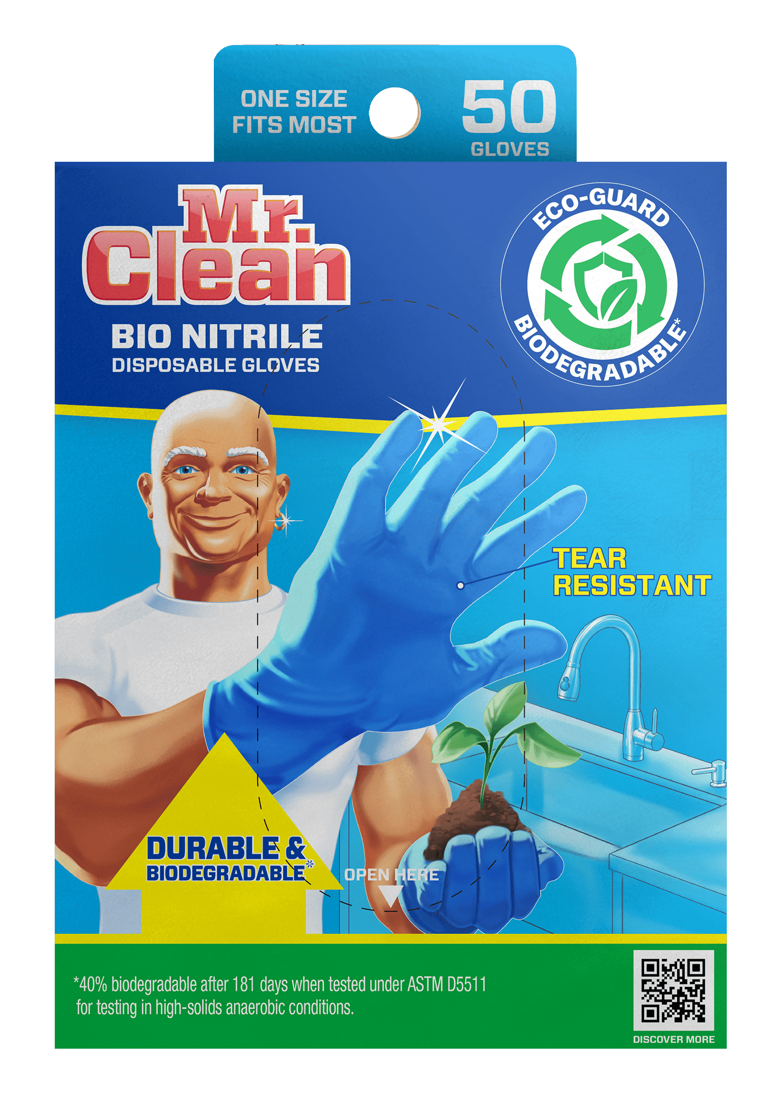 (4 pack) Mr. Clean 50-Count Nitrile Biodegradable Disposable Gloves, One Size Fits Most